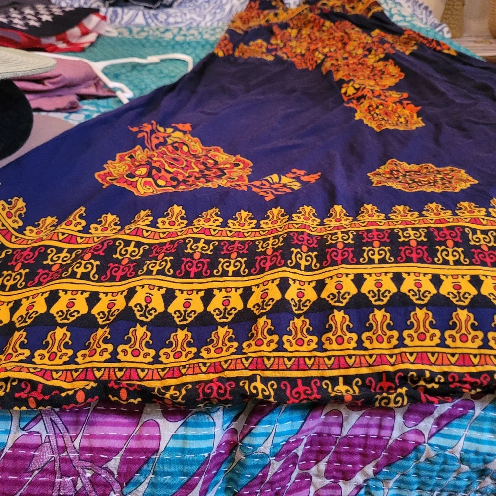 Navy Blue Maxi Dress with Orange Medallion Print, Angie, L - Picture 4 of 10